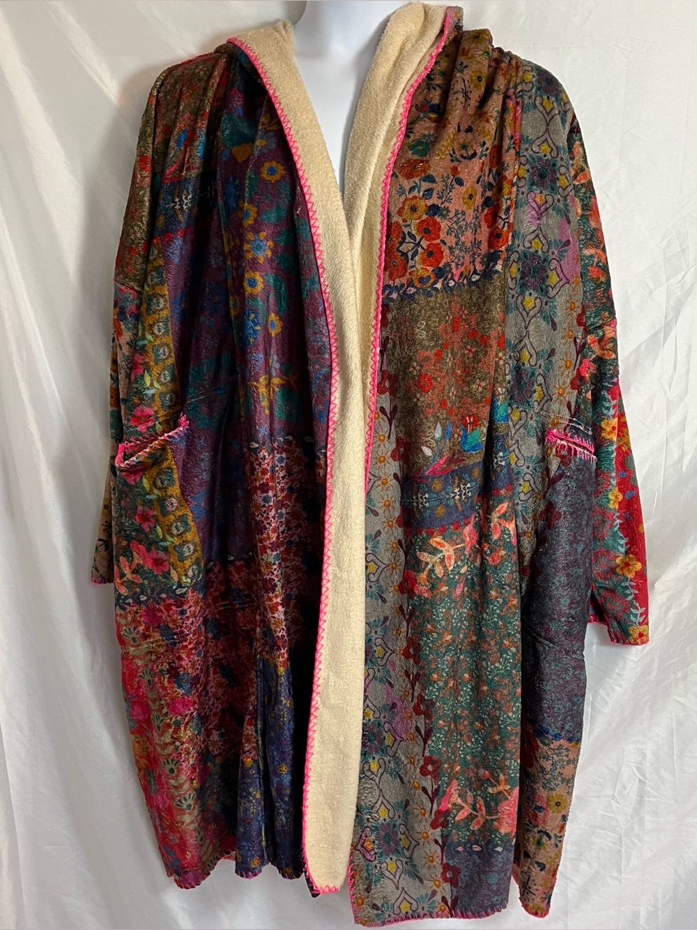 Natural Life Patchwork Hooded Blanket Kimono Cardigan Coat L/XL Boho Cozy